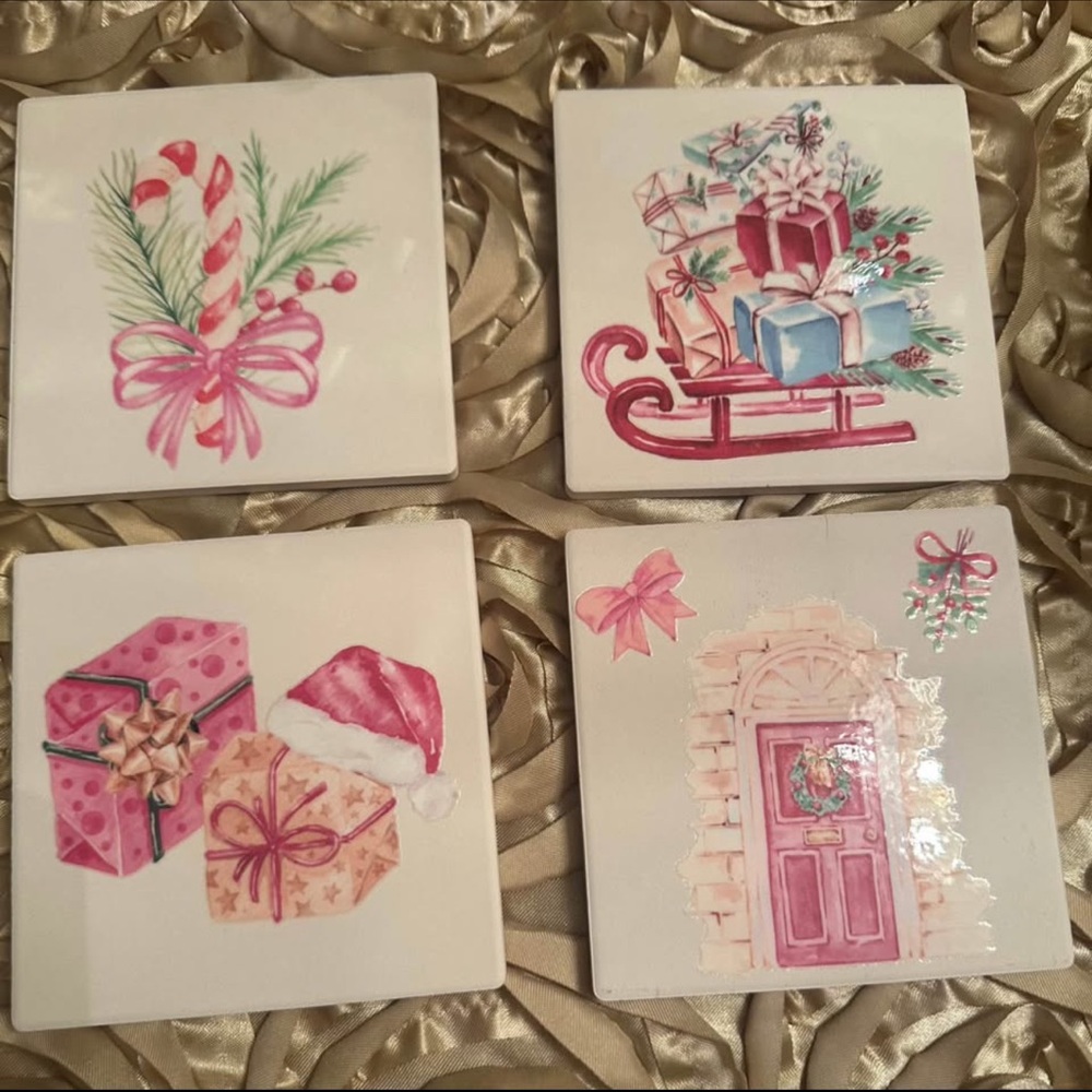 Christmas Handmade Festive Holiday Ceramic Coasters Set of 4 With Cork Backing